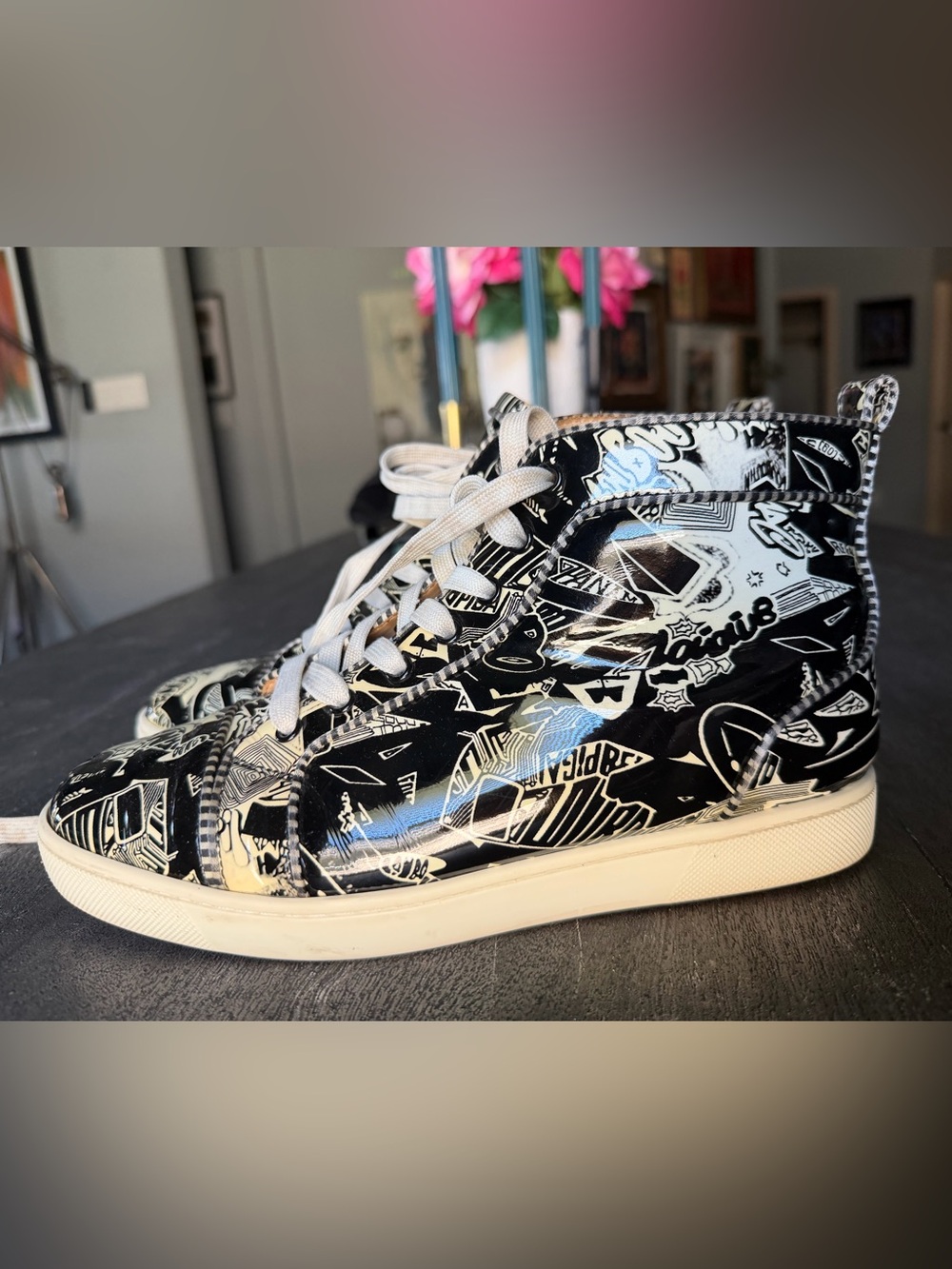 Christian Louboutin Black & White Graphic High-Top Sneakers - Picture 3 of 10